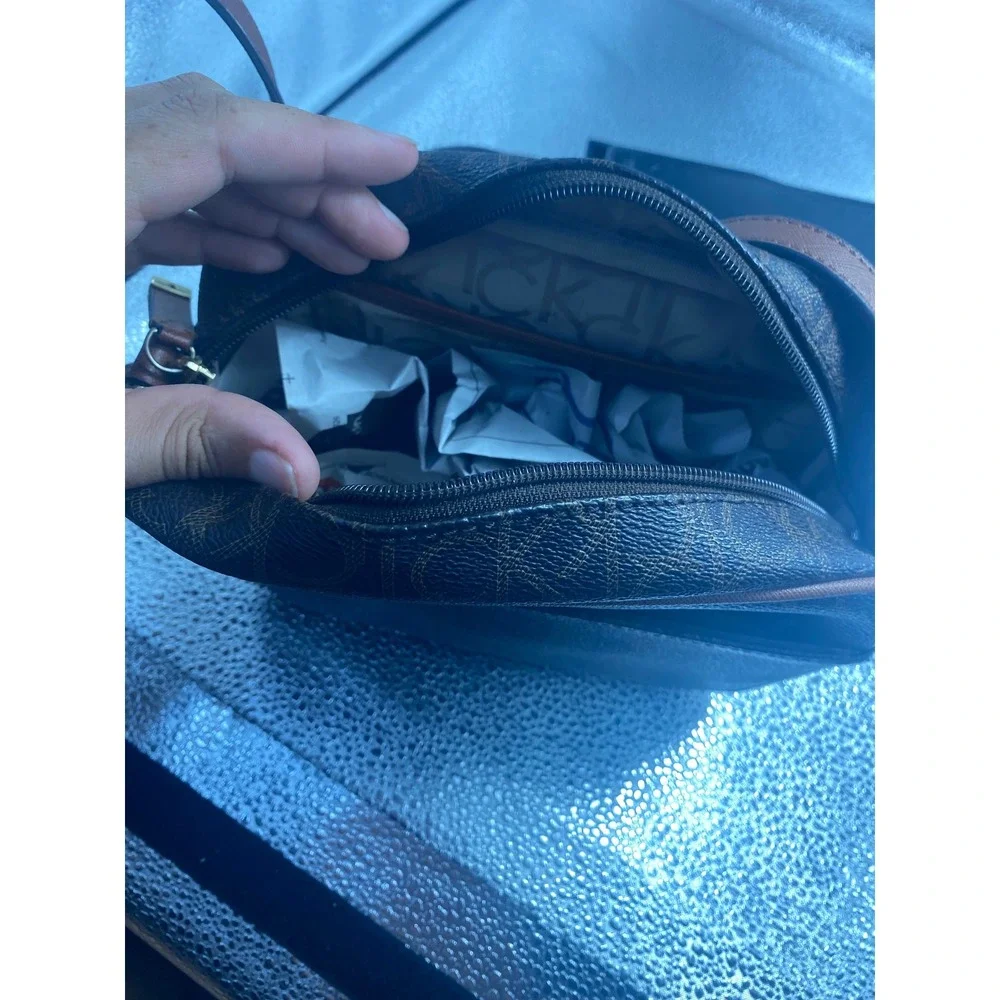Calvin Klein Brown Monogram Logo Crossbody Camera Bag Tan Trim Gold Hardware
